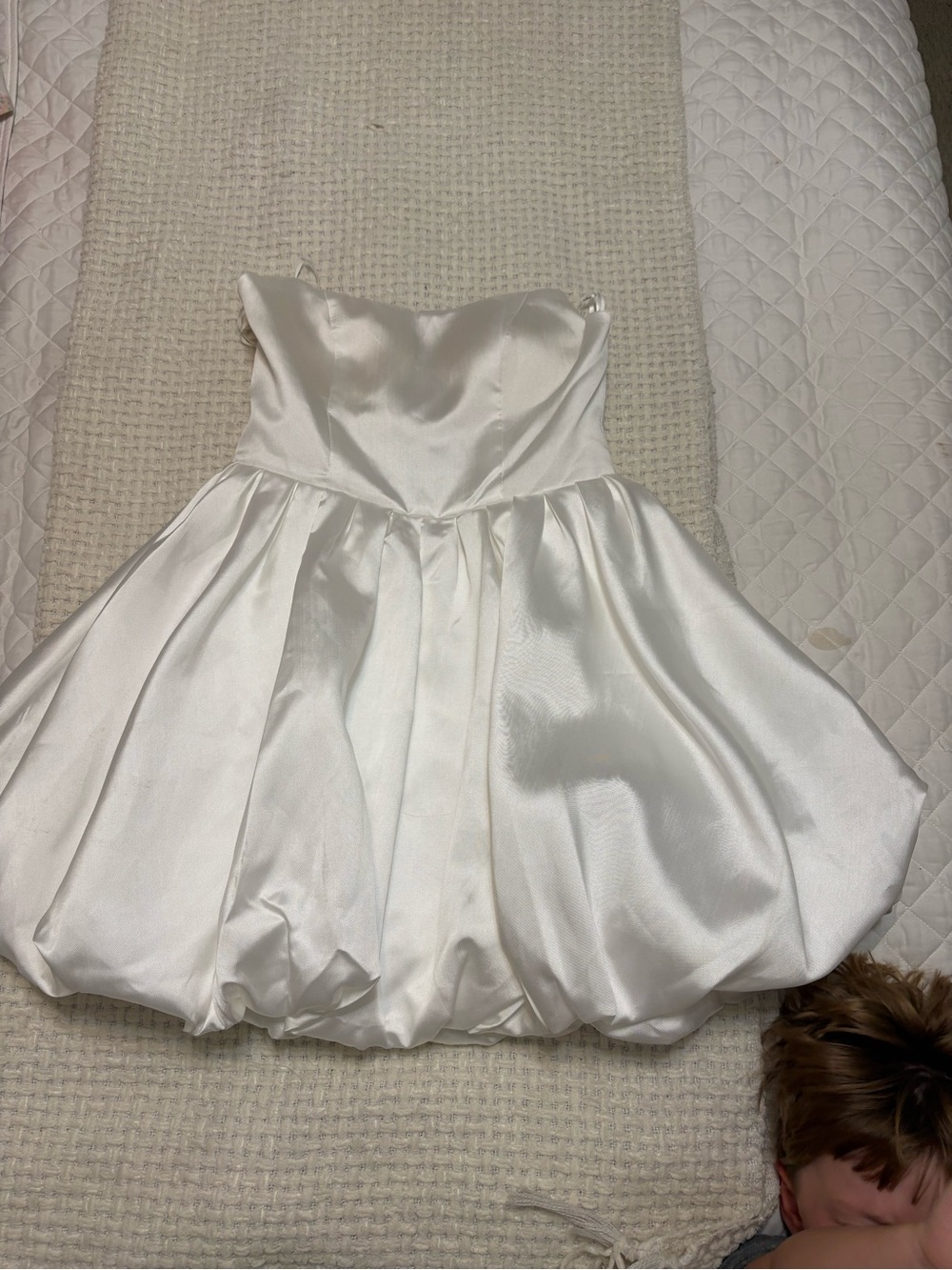 Bridal Strapless Bubble Hem Satin Mini Dress - White - Picture 2 of 5